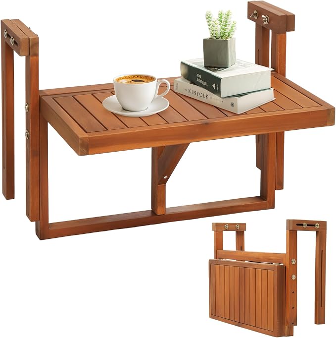VINGLI 22in Acacia Wood Folding Balcony Hanging Table – Adjustable Height & Width, Balcony Railing Table Ideal for Different Railing Widths,Perfect for Balcony,Patio,Rectangular,Natural Wood Color