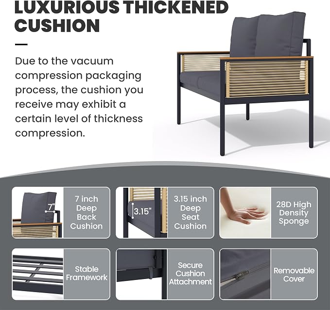 4 Pieces Patio Furniture Set, Outdoor Furniture Set with Table and Chairs, Metal Patio Conversation Sets with Thick Waterproof Cushions for Backyard, Garden, Poolside, Dark Grey (4 Seats)