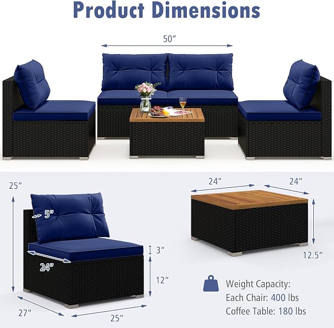 Tangkula 5 Pieces Wicker Patio Furniture Set, Outdoor 4 Armless Rattan Sofa & Coffee Table Set, with Cushions, Acacia Wood Tabletop, Sectional Patio Conversation Set for Lawn, Yard, Poolside, Navy