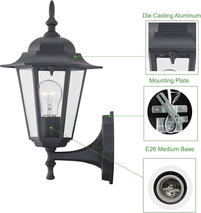 WISBEAM Outdoor Wall Lantern, Black Wall Sconce for House Porch Lighting Fixture, E26 Base 60W Max, Metal Housing Plus Glass, Wet Location Rated, ETL Qualified, Bulbs not Included