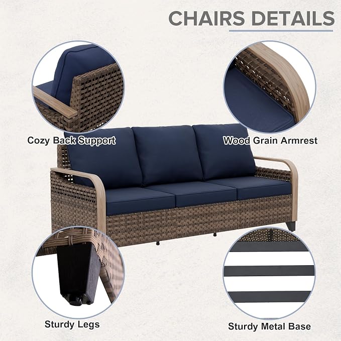 COOS BAY Modern Wicker Outdoor Furniture Set, 4 Piece Patio Conversation Set with 2 Patio Chairs, a 3 Seat Couch and Side Table, 4 Piece, Brown/Blue