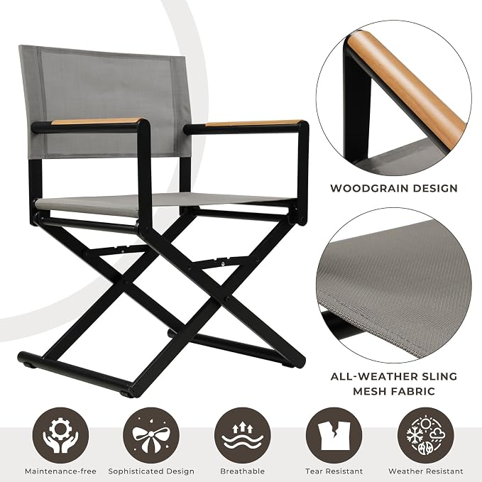 Grand patio 9-Piece Outdoor Dining Set, 8 Extra-Wide Folding Chairs & 1 Rectangle Expandable Table for 6-8 Person, Sling Mesh Patio Chairs with Wood Grain Table for Yard, Poolside, Deck, Gray