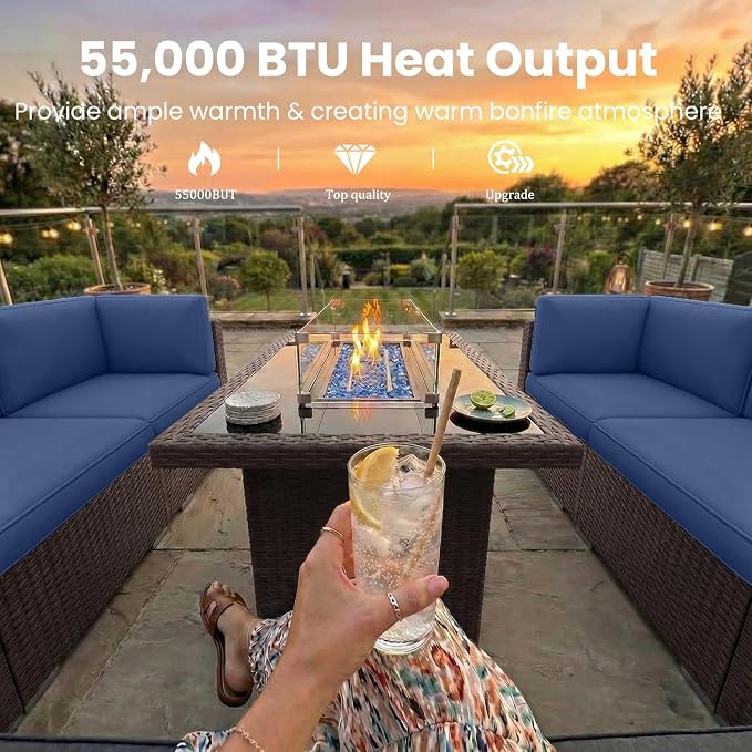 10 Pieces Patio Furniture Set with 44" Propane Gas Fire Pit Table, Outdoor Sectional Brown Rattan Wicker Conversation Sofa Sets with Coffee Table