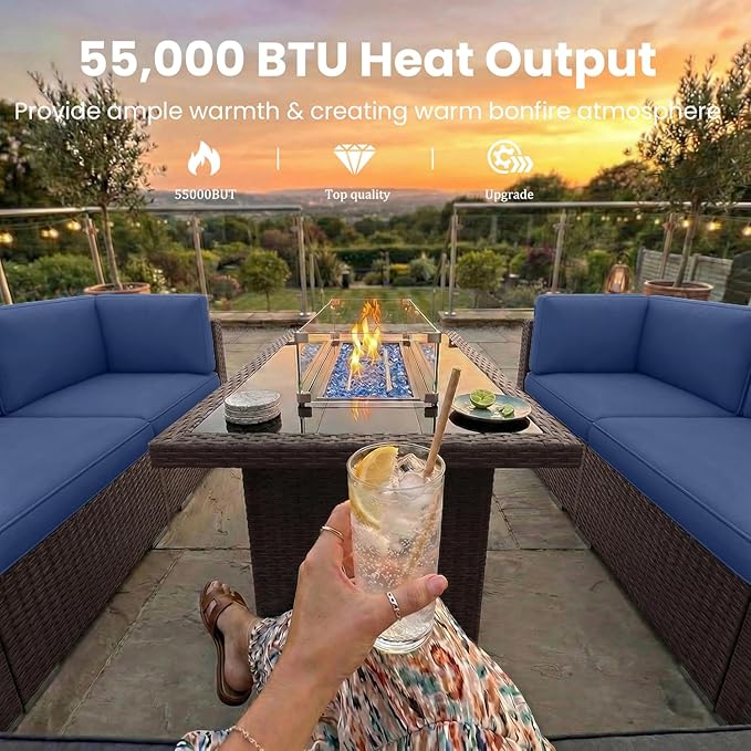 15 Pieces Patio Furniture Set with 44" Propane Gas Fire Pit Table, Outdoor Sectional Brown Rattan Wicker Conversation Sofa Sets with Coffee Table