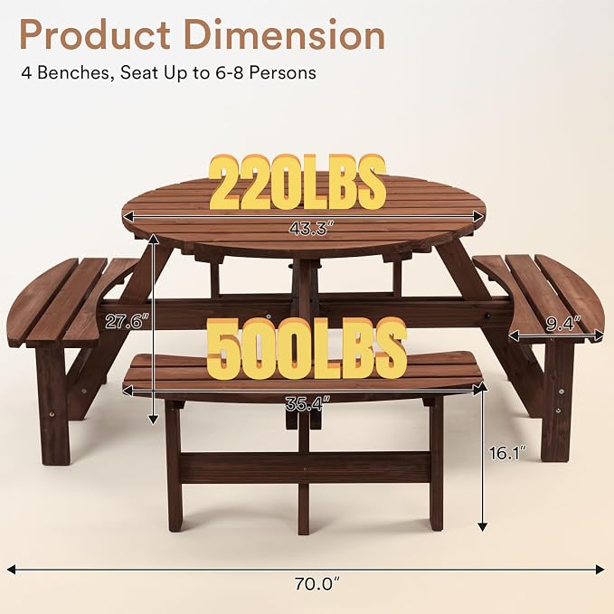 Zevemomo Wood Picnic Table for 8 People, Round Top with Umbrella Hole, 4 Built-in Curved Benches, 2220LBS Capacity for Patios & Backyards, Brown