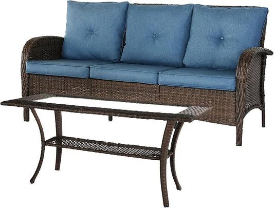 YLGJ&TIDY Outdoor Furniture 2PCS Set All-Weather Brown Wicker Patio Conversation Set 3 Seater Rattan Sofa Glass Coffee Table for Garden Backyard Porch Balcony w/Thick Cushions (Blue,2PCS Sofa/Table)