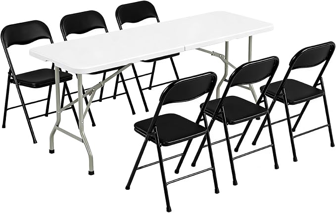 Elevon Folding Table Set with 6 Black Folding Chairs,6 Feet Heavy Duty Fold-in-Half Utility Table Sets for Picnic, Event, Training, Outdoor Activities, at Home and Commercial Use