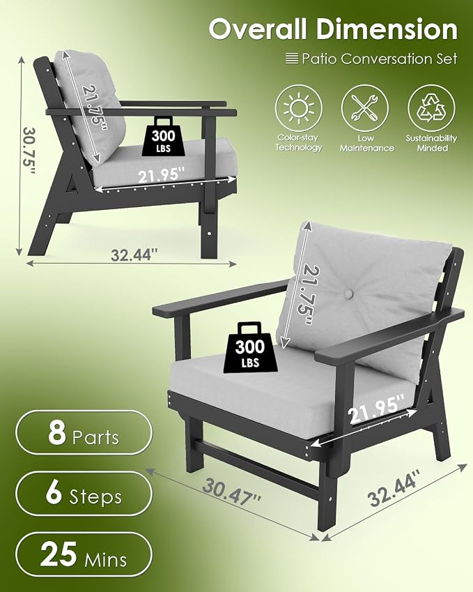 GREENVINES Outdoor-Couch-Set-of-2 | HDPE Plastic | Patio Sectional Conversation Sets | All Weather Couches | Sofa with Detachable Armrests | for Porch Deck Lawn | Black Frame Light Gray Cushion