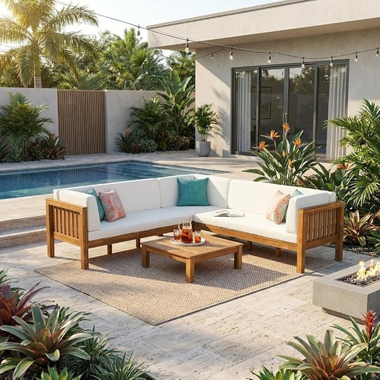 Acacia Wood Outdoor Sectional Sofa Set, 4-Piece L-Shaped Patio Furniture with Cushions, Double-Length Benches, Corner Seat & Coffee Table, Weather-Resistant Indoor/Outdoor - Farmhouse Scandinavian