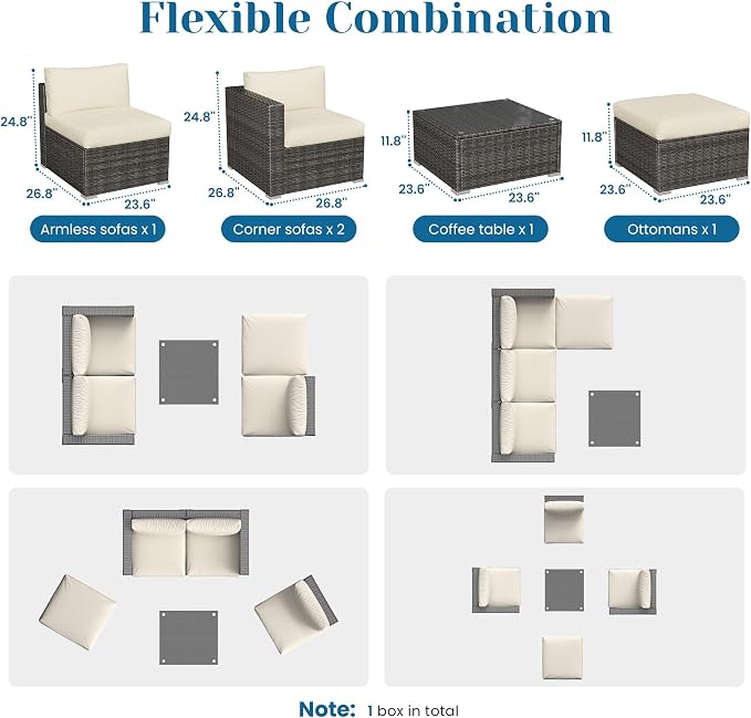5 Pieces Outdoor Patio Furniture Set, Patio Sectional Furniture Set, All-Weather Wicker Rattan Patio Conversation Set with Washable Thick Cushions and Coffee Table, Outdoor Patio Sofa Couch Set, Beige