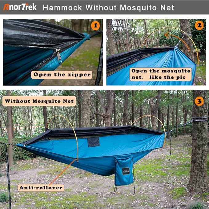 AnorTrek Professional Camping Hammock with Mosquito Net, Lightweight Portable Double Hammock with Two 10 FT Hammock Tree Straps, 230T Nylon Hammock for Camping, Hiking, Yard, Backpacking