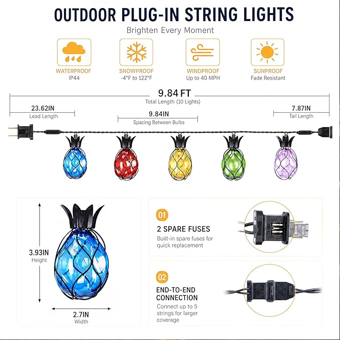Vigdur Pineapple String Lights, 10FT Multicolor Patio Lights Outdoor | 10 Plastic Pineapple Bulbs, UL Listed, 10 Strands Connectable, Outdoor Hanging Lights for Porch Garden Wedding Party Decor