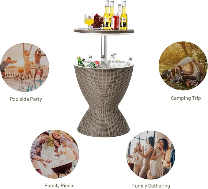 COSTWAY Outdoor Cool Bar Table, 8 Gallon Beer and Wine Cooler, Height Adjustable Rattan Style Cocktail Patio Bar Tables, 3-in-1 Ice Cooler with Drainage Plug for Deck, Pool, Party, Beach (Coffee)