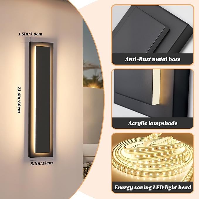 24 in Black Outdoor Wall Light,Exterior Light Porch Light, 4 Packs | Modern LED Outdoor Wall Sconce For House,Front Porch,Garage,Patio,Included LED 3000K Warm White 24W Light Bead,Waterproof