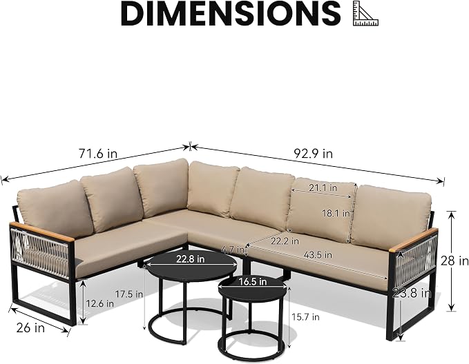 7-Piece L-Shaped Outdoor Sectional Sofa Set with Nesting Table | Hand-Woven PE Wicker, All-Weather Steel Frame, 4.3-Inch Thick Removable Cushions, Glass Coffee Table, Patio Conversation Set