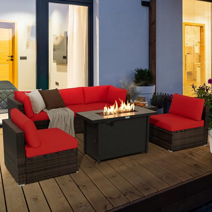 Tangkula 7 Piece Patio Furniture Set with Fire Pit Table, Includes 42 Inches 60,000 BTU Propane Rectangle Fire Pit Table and Protective Cover, Outdoor Cushioned Sectional Sofa Set for 5 (Red)