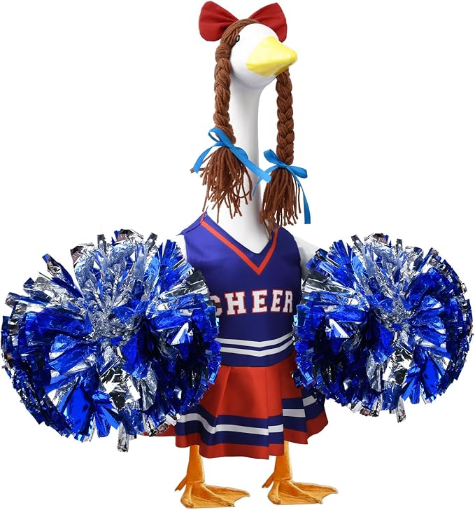 Cheerleader Porch Goose Outfits, Red Blue Goose Outfits for 23 Inch Porch Goose, Funny Goose Clothes with Pom Poms, Festive Porch Goose Decor for Sports Season and Game Day