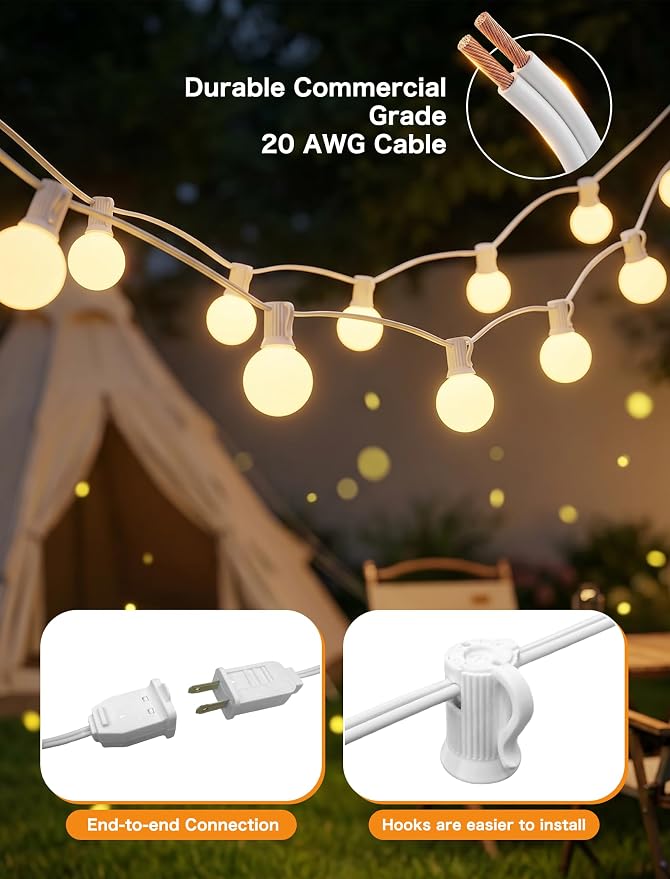 SUNSGNE 25FT G40 LED Outdoor White String Lights with 27 White Solid Shatterproof Globe Bulbs (2 Spare), Outdoor Hanging Edison Lights for Room Café Bistro Pergola Tents, White Wire