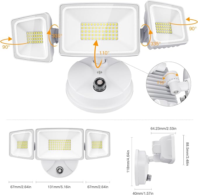 Onforu 70W LED Dusk to Dawn Outdoor Lighting,2 Packs 7000LM Exterior Flood Lights,IP65 Waterproof Outdoor 3 Adjustable Heads Photocell White Lights Fixture,6500K Daylight White Floodlights(White)