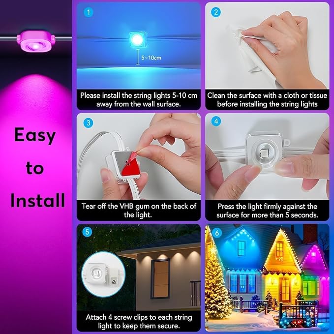 RaThun Permanent Outdoor Lights, 150ft Smart RGB+IC LED Lights Outside with 16 Million DIY Colors, IP67 Waterproof Eternity Eaves Lighting for Christmas Halloween Holiday Daily Decorations