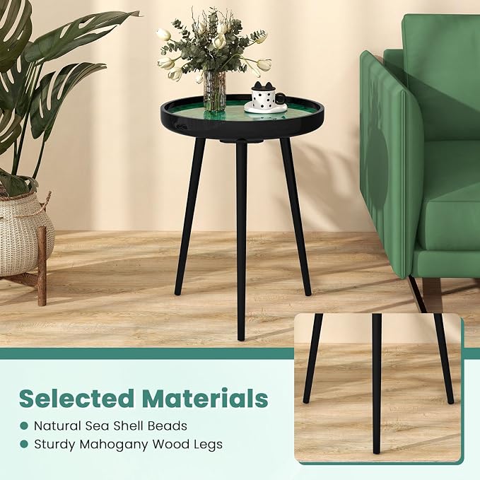 Giantex Outdoor Side Table, Round End Table with Epoxy Resin Finish, Sea Shell Decoration, Mahogany Wood Frame, Tray Top, Patio Side Table for Living Room, Pool, Yard, Porch (Green, 16” x 16” x 19.5”)