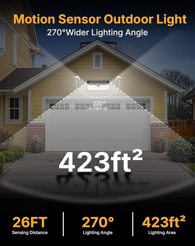 466 LEDs Solar Security Lights Outdoor with Motion Sensor, 4-Pack | 4000LM, Waterproof, 270° Wide-Angle Lighting, 3 Adjustable Modes, Easy Installation for Security, Patio, Fence, Deck, Garage
