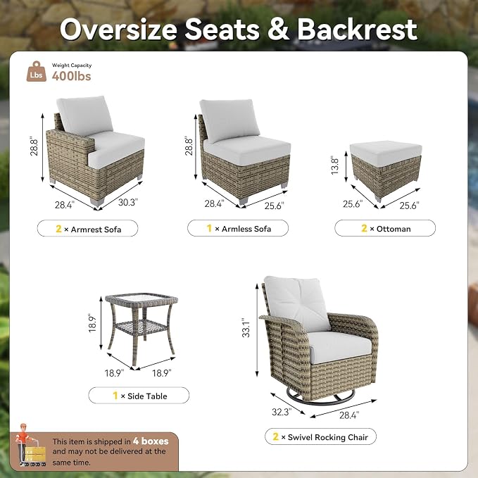 LazySunsets Luxury Patio Furniture Set，All-Weather Patio Sectional Sofas with Thickened Cushions, 8 Piece Outdoor Furniture Sectional Set with Swivel Rocker Chairs of 2，Grey