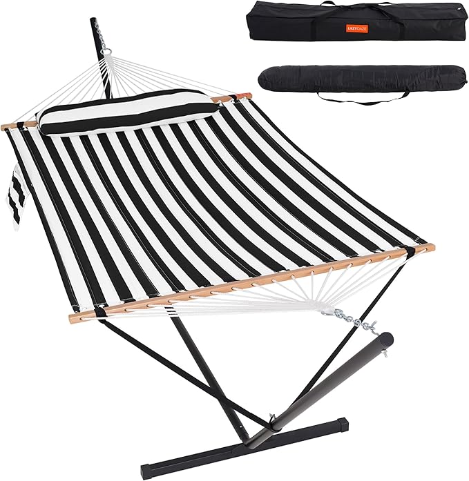 Lazy Daze Hammocks 2 Person Portable Hammock with 12FT Stand for Outside, 10.5FT Quilted Double Hammock with Spreader Bar and Detachable Pillow, 450lbs Capacity for Outdoor Patio, Black White Stripes