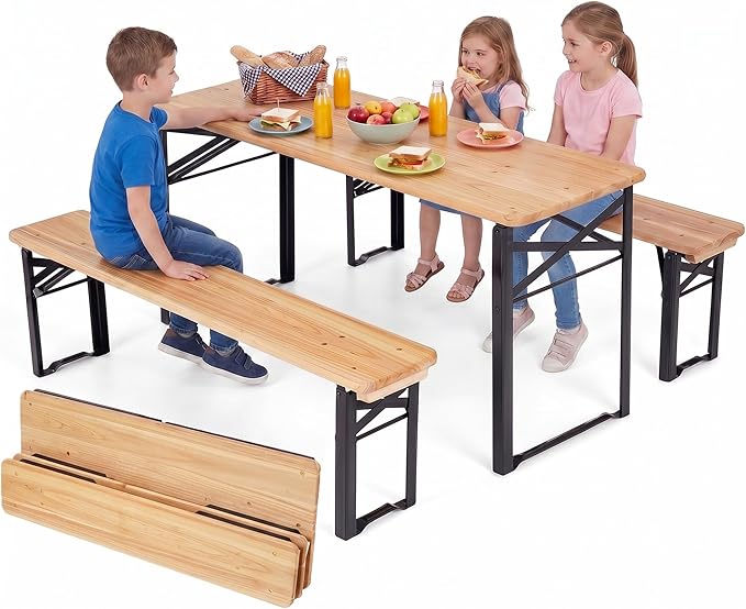 HONEY JOY Kids Picnic Table, 43.5 Inch Folding Toddler Outdoor Table & 2 Benches, Fir Wood Top & Metal Frame, No Assembly, Portable Easy to Store Camping Table and Chairs for Patio Backyard (Black)