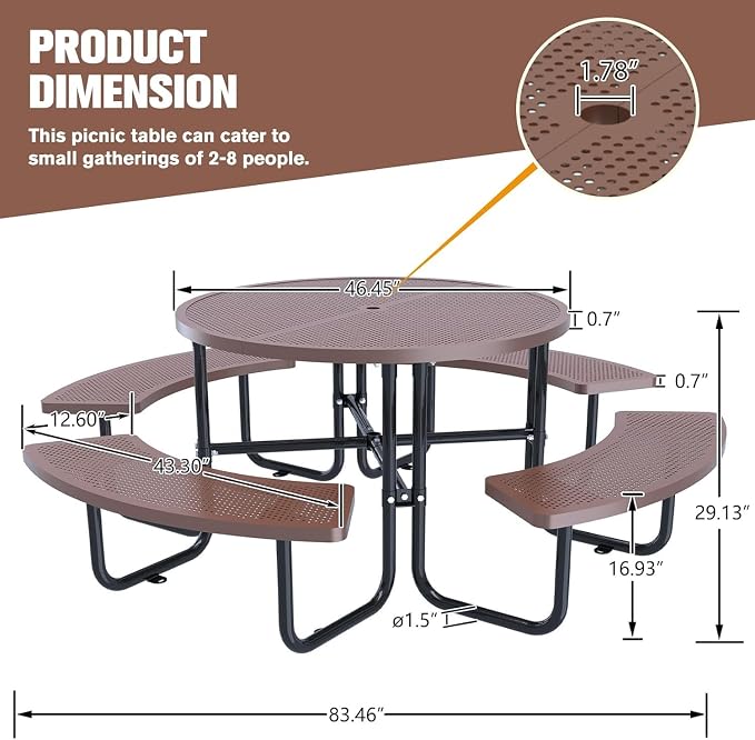 46'' Round Outdoor Metal Picnic Table Expanded,Lifetime Steel Picnic Table with Umbrella Hole,Heavy Duty Sturdy Commercial for Patio, Backyard, Garden, DIY (Includes 4 Built-in Benches),Coffee