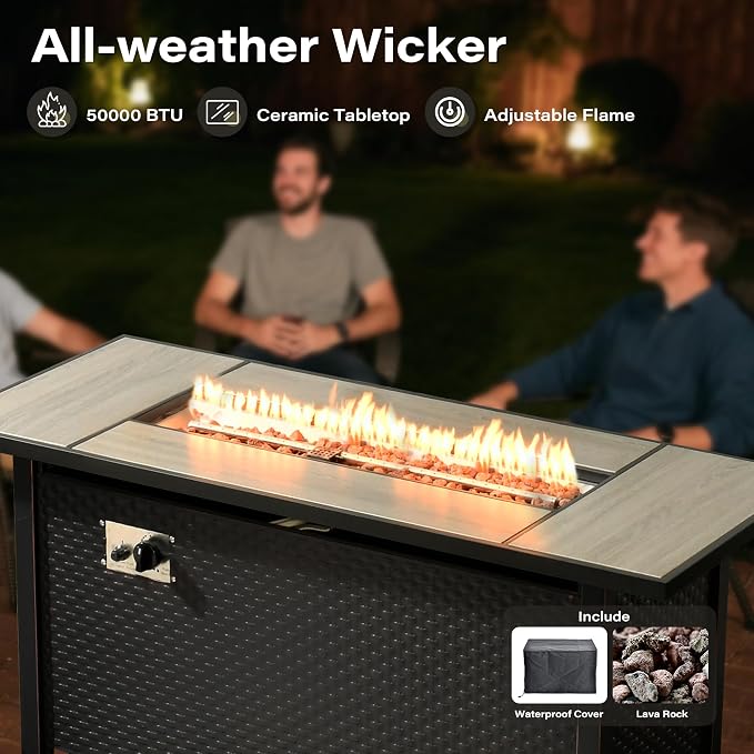 11 Pieces Outdoor Sectional Patio Furniture Set with 54" Fire Pit,Wicker Conversation Sets Rattan L Shaped Couch Swivel Rocking Chairs,Modular Outdoor Sofa for Porch Balcony Backyard Black