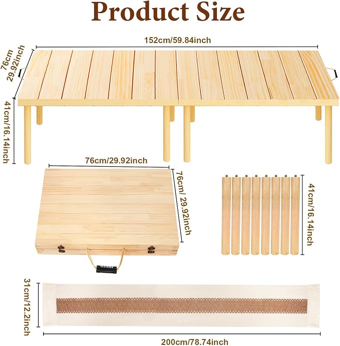 60" x 30" Boho Low Picnic Table, Portable Wooden Folding Picnic Table with Table Runner for Camping, Beach, Garden, Picnic, Party, Indoor & Outdoor Use, Seats 6-8 People, 8-Leg Design