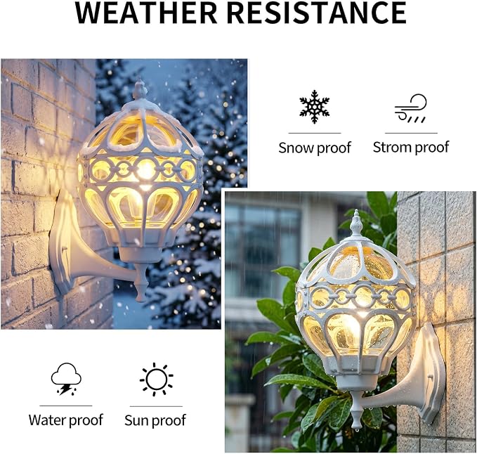White Globe Outdoor Wall Lights, Round Exterior Wall Sconce for Patio, Porch, Entryway, Anti-Rust Aluminum Wall Mount Lighting Fixture, Outside Wall Lantern with Amber Glass & Ornate Cage, E26 Base