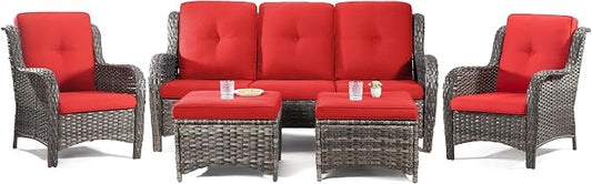 Patio Furniture Set 5-Piece Wicker Outdoor Furniture Conversational Set with 3-Seat Sofa, 2 Armchairs, 2 Ottoman Patio Rattan Wicker Sectional Sofa Set with Olefin Cushions, Red