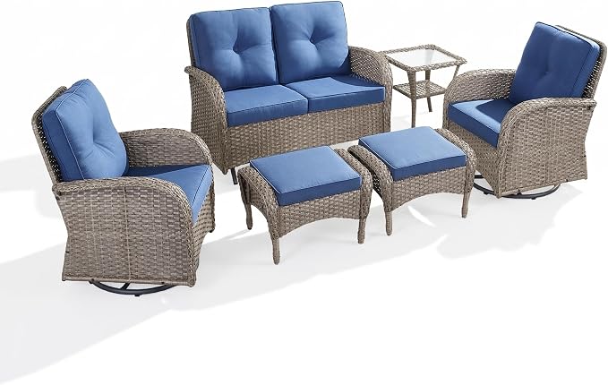 6 Piece Patio Furniture Set - Wicker Patio Conversation Set with Swivel Glider, Glider Loveseat, Tempered Glass Side Table and 2 Ottomans for Deck Backyard - Grey Wicker Blue Cushion