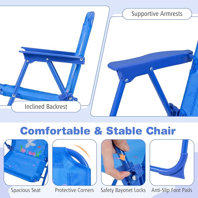 KOTEK Kids Picnic Table with Umbrella, Outdoor Table & 2 Folding Chairs, Cute Pattern Children’s Patio Furniture, Portable Kids Table and Chair Set for Backyard, Garden, Beach (Blue Ocean)