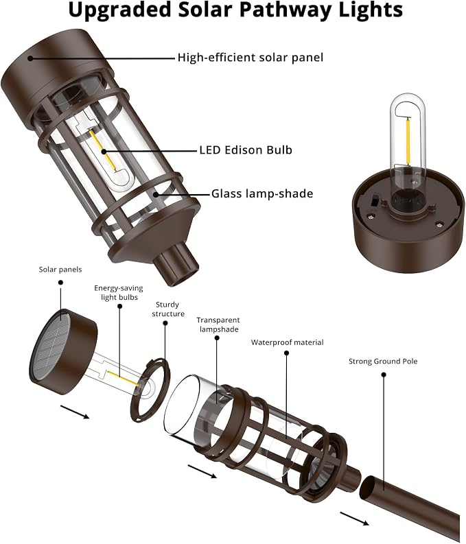 ILANCK Solar Pathway Lights Outdoor Solar Lights 8 Pack Metal & Glass Design - Waterproof Auto On/Off Bright Long-Lasting Garden Landscape Lighting Walkway Driveway