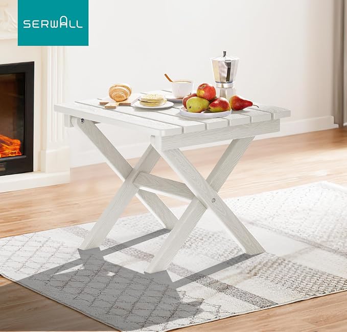 SERWALL Portable Folding Adirondack Table, HDPE Material Outdoor End Table, No Assembly Required, Weather-Resistant, 110 lbs Capacity, Small Table for Indoor and Outdoor uses, White