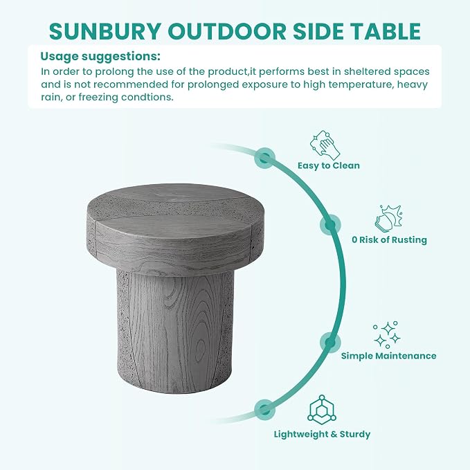 SUNBURY Outdoor Side Table Medium, 20" H Concrete Coffee Table, Lightweight Patio End Table Round, Modern MgO Decorative Dining Table for Patio, Garden, Backyard, Grey