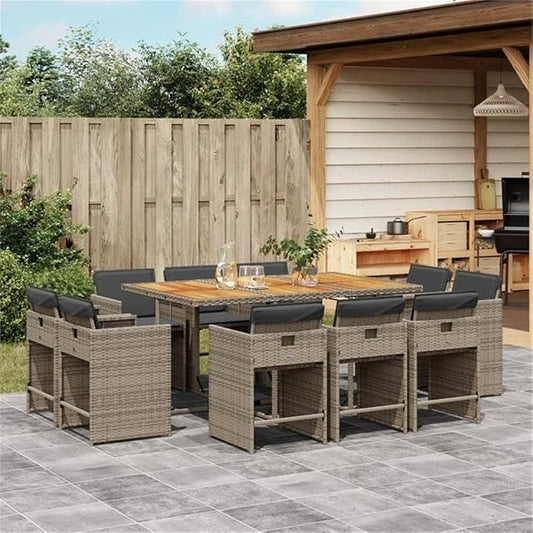 Afuera Living Contemporary Patio Dining Set, 10-Seater, Foldable PE Rattan and Solid Acacia Wood, Gray Finish, Cushioned Chairs, Powder-Coated, Space-Saving Design for Garden, Terrace, Outdoor