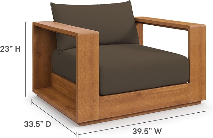 Modway Tahoe Acacia Wood 3-Piece Outdoor Patio Furniture Set in Natural Cocoa - Includes 2 Lounge Chairs with Weather-Resistant Cushions and Side Table