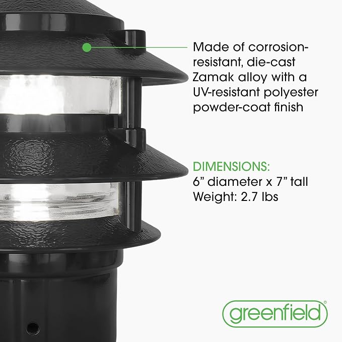 Greenfield Made in the USA Weatherproof Line-Voltage (120V) 3-Tier LED Outdoor Pathway Light – Permanent Outside Light with Mounting Hardware – Professional Grade – Black