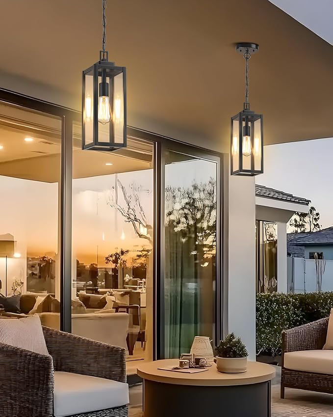 15'' Large Motion Sensor Outdoor Pendant Lights, With Dusk to Dawn Sensor | Modern Outside Chandelier Outdoor Hanging Lantern with Clear Glass, Exterior Pendant Lighting Fixture for Porch, Black, 1Pack