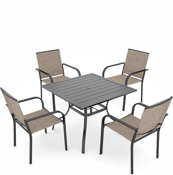Anmutig 5-Piece Outdoor Dining Set, 35" Square Table with 1.57" Umbrella Hole, 4 Stackable Chairs, Black Steel Frame Beige White Fabric