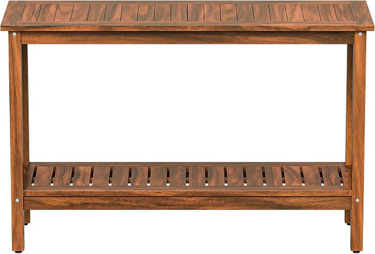 Wooden Console Table, 48in 2-Shelf Solid Wood Patio Side Table, Indoor Outdoor Buffet Bar Organizer with Foot Sliders (Natural)