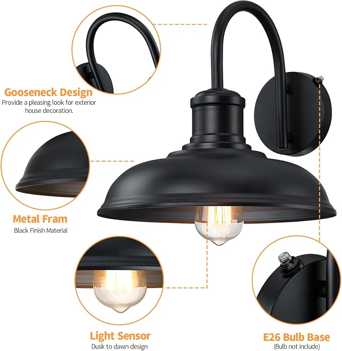12'' Diameter Dusk to Dawn Outdoor Gooseneck Barn Light, Black | Large Exterior Lighting Fixture, Outdoor Wall Sconce Farmhouse Industrial Wall Lantern for Porch, Garage, Black, 2 Packs
