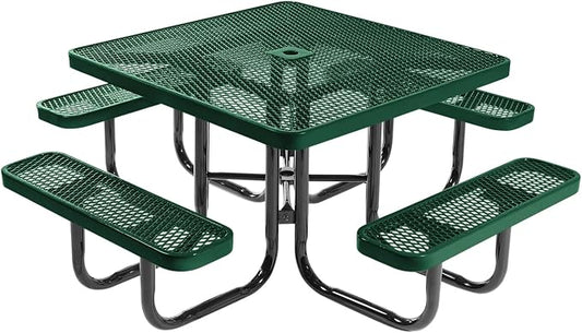 COATEDOUTDOORFURNITURE Heavy-Duty Portable Outdoor Picnic Table with Umbrella Hole, Expanded Metal Commercial-Grade Patio Dining Furniture Made in America (46" Square Top, Textured Green)