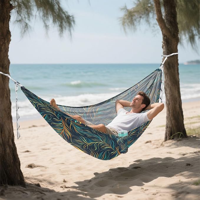 Camping Hammock Outdoor Hammocks for Outside Peacock Feathers Beach Trees Portable Lightweight with Pockets Tree Straps Indoor Small