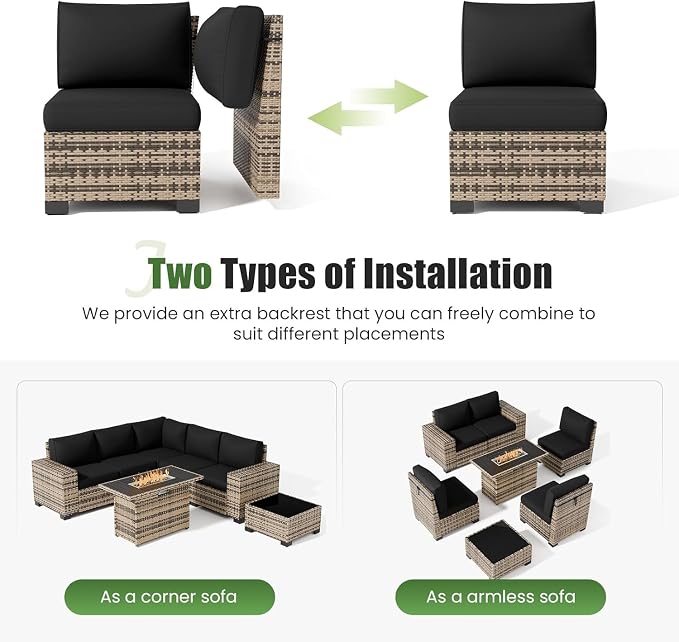 UDPATIO Patio Furniture Set with Fire Pit Table, L-Shaped 8" Armrest Sectional Set, All-Weather PE Rattan Conversation Furniture w ‌Thick Cushions, Coffee Table for Outdoor Backyard Porch Black