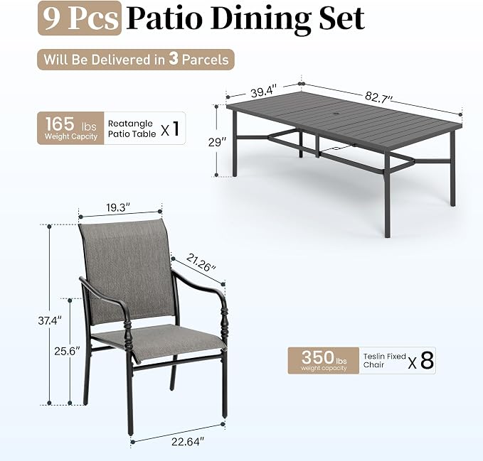 SUNSHINE VALLEY Patio Table and Chairs Set of 8, All-Weather Breathable Textilene Patio Chair with Gourd-Shaped Armrests, 83x39 Rectangle Table with Umbrella Hole, 9 Pcs Metal Frame Patio Dining Set